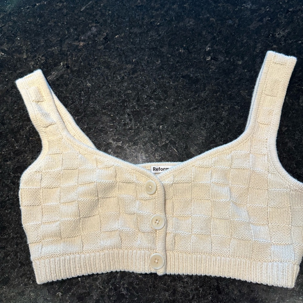 Reformation Cream Ribbed Buttoned Crop Tank Top
